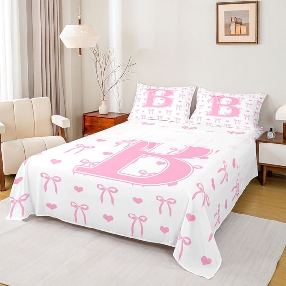 Feelyou Watercolor Bow B Letter Queen Sheets for Kids, Girly Pink Princess Bowknot Queen Sheet Sets, 4pcs, 1 Flat Sheet, 1 Fitted Sheet and 2 Pillowcases