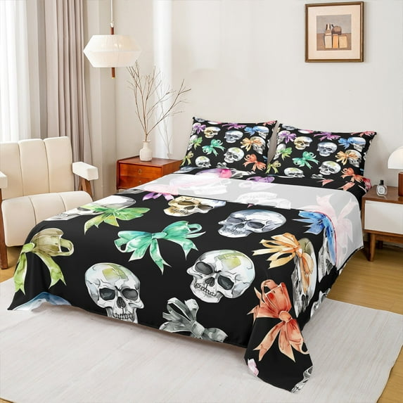 Feelyou Watercolor Bowknot Bed Sheets, Skeleton Skull Print King Sheets, Kawaii Cartoon Sheet Set, Luxury Bedroom Decor,4 Pieces
