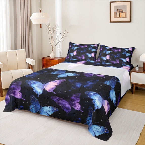 Feelyou Watercolor Butterfly Twin Sheet Sets, Bling Srars Galaxy Bedding, 3pcs