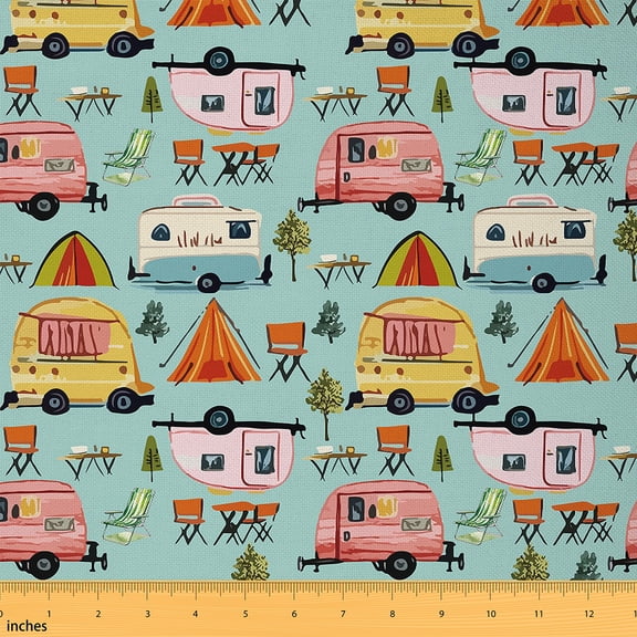 Feelyou Watercolor Camper Car Fabric by the Yard 1 Yard for Kids, Summer Camping Party Home Decor Fabric by the Yard, Teal Pink Orange Sewing Fabric, Ultra Soft Home Decor