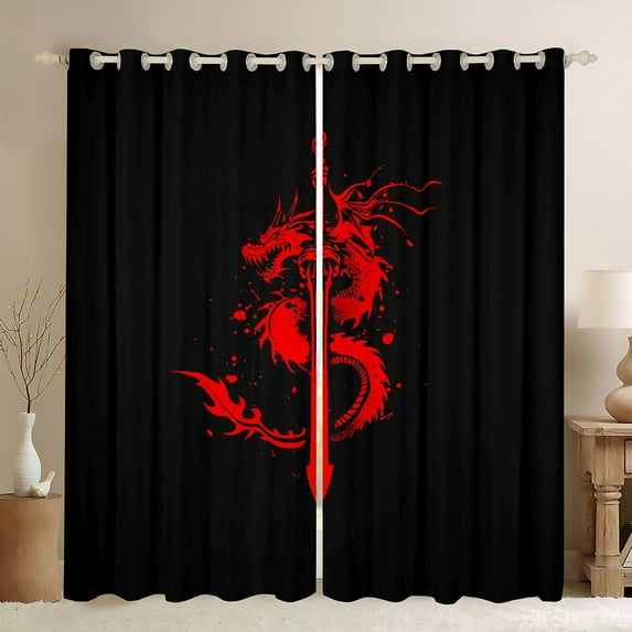 Feelyou Watercolor Dragon Black Out Curtains, Red Splash Graffiti Animal Curtains Pack of 2 (42x63 Each), Teens Kids Boys Girls Bedroom Curtains, Living Room Curtains Decor