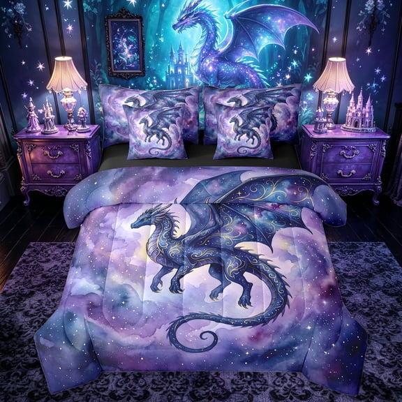 Feelyou Watercolor Dragon Twin Bedding Sets for Boys Girls Kids, Galaxy Starry Sky Stars Bedding Comforter Set, Blue Purplee, Black Reversible, 7pcs