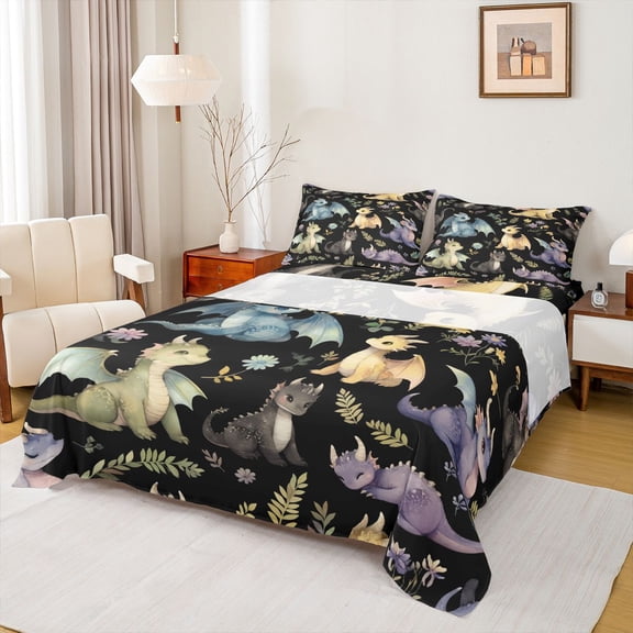 Feelyou Watercolor Dragon Wildlife Bed Sheets for Kids, Jungle Floral Plant King Sheets, Black, 4pcs