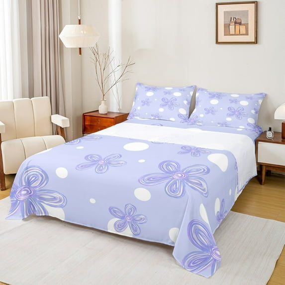 Feelyou Watercolor Flower Teens Twin Sheet Sets, Purple Blossoms Floral Twin Fitted Sheet, Kawaii Princess Cartoon Flat Sheet, Lightweight Room Decor, 3-Piece