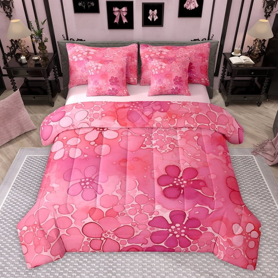 Feelyou Watercolor Flower Women Twin Bedding Sets 7-Piece, Pink Cherry Blossoms Bedding Comforter Set, Artwork Style Reversible Sheet Sets, Luxury Bedroom Decor