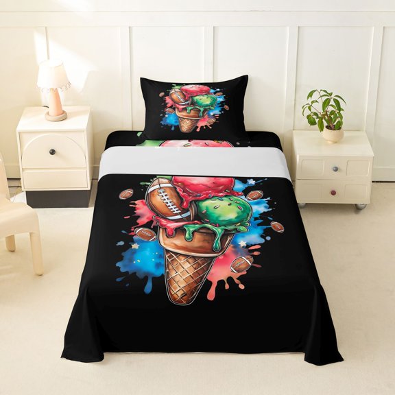 Feelyou Watercolor Football Ice Cream Twin Sheets for Kids, Cone Dessert Drip Bedding, 3-Piece, 1 Flat Sheet, 1 Fitted Sheet and 1 Pillowcase