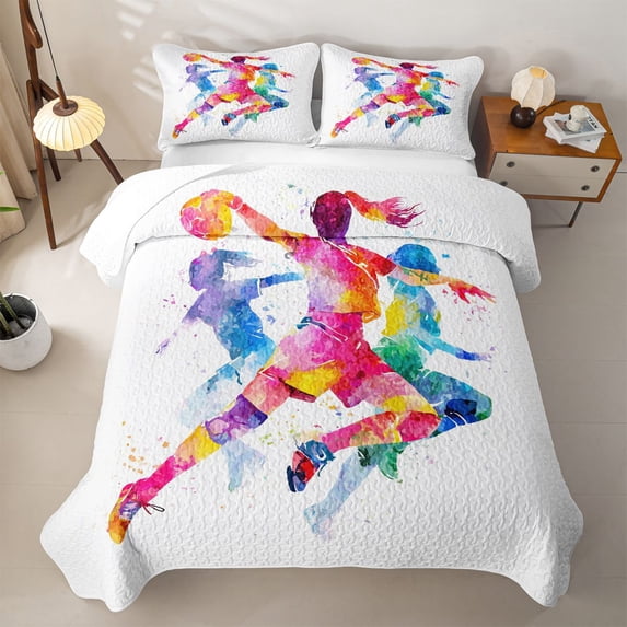 Feelyou Watercolor Handball Quilt Full for Girls, Silhouette Basketball Sport Full Bedspread Sets, 3-Piece