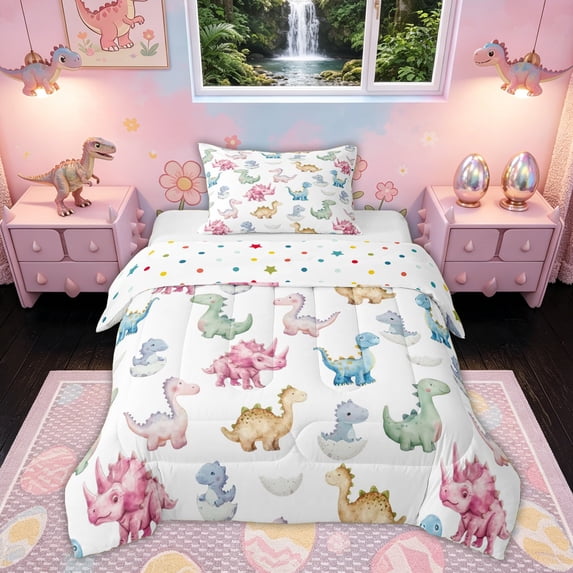 Feelyou Watercolor Kawaii Dino Egg Twin Comforter Sets for Kids Girls Boys, Wildlife Bedding Set, Polkadot Reversible, 2-Piece
