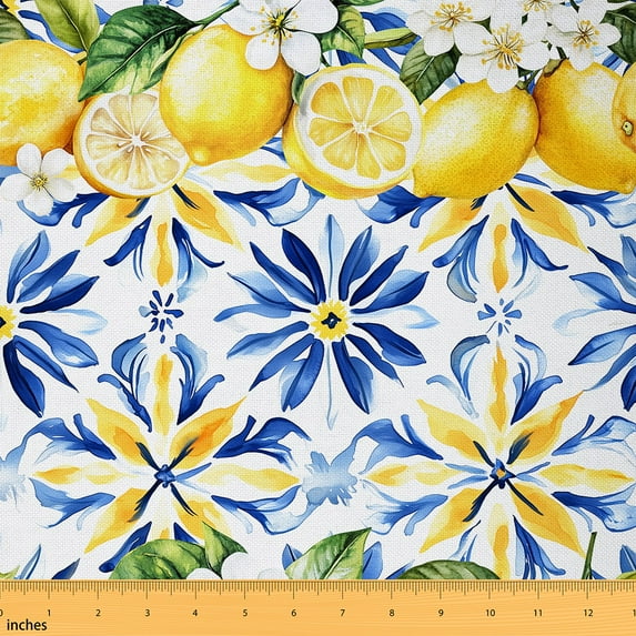 Feelyou Watercolor Lemon Fabric by the Yard 10 Yards, Chic Flower Fruit Home Decor Fabric by the Yard, Botanical Plant Sewing Fabric, Ultra Soft Home Decor