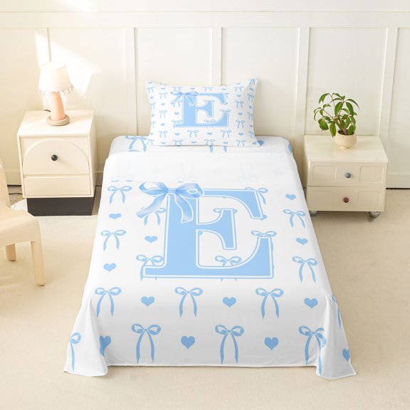 Feelyou Watercolor Letter E Twin Sheets for Boys, Blue Princess Bowknot Bedding, 3pcs, 1 Flat Sheet, 1 Fitted Sheet and 1 Pillowcase