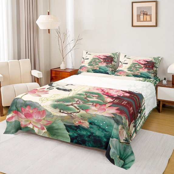 Feelyou Watercolor Lotus Women Queen Sheet Sets, Plant Botanical Flat Sheet, Japanese Style House Queen Fitted Sheet, Luxury Bedroom Decor, 4pcs