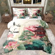 Feelyou Watercolor Lotus Women Twin Bedding Sets 7-Piece, Plant Botanical Bedding Comforter Set, Japanese Style House Reversible Sheet Sets, Luxury Bedroom Decor