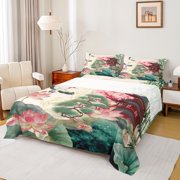 Feelyou Watercolor Lotus Women Twin Sheet Sets, Plant Botanical Twin Fitted Sheet, Japanese Style House Flat Sheet, Luxury Bedroom Decor, 3pcs
