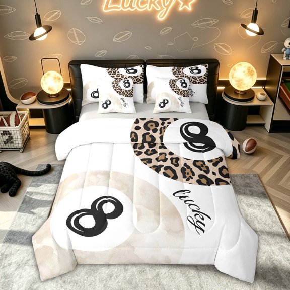 Feelyou Watercolor Lucky 8 Billiards Full Size Bedding Sets for Girls, Leopard Print Sport Full Size Bed in a Bag, Beige White, Grey Reversible, 7 Pieces