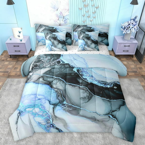 Feelyou Watercolor Marble Women Bedding Comforter Set 7pcs, Luxury Fashion Marbling Blue Queen Bedding Sets, Chic Abstract Ombre Reversible Queen Sheet Sets, Lightweight Room Decor