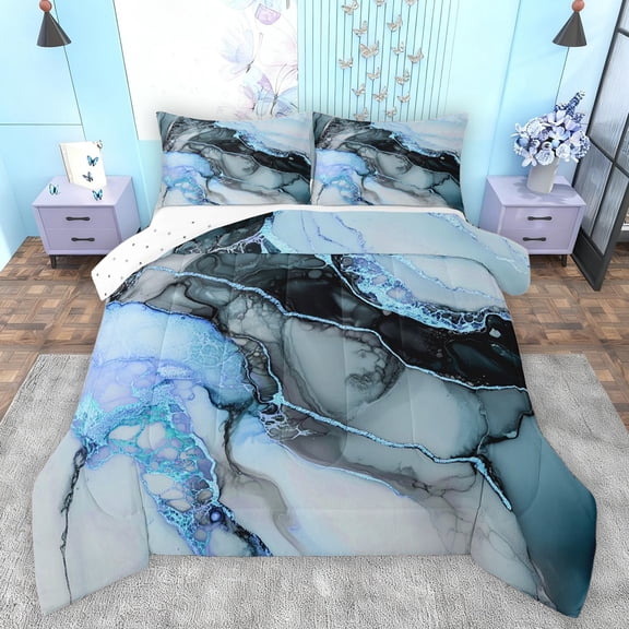 Feelyou Watercolor Marble Women Bedding Comforter Set, Luxury Fashion Marbling Blue Twin Comforter Sets, Chic Abstract Ombre Reversible Bedding Set, Lightweight Room Decor, 2-Piece