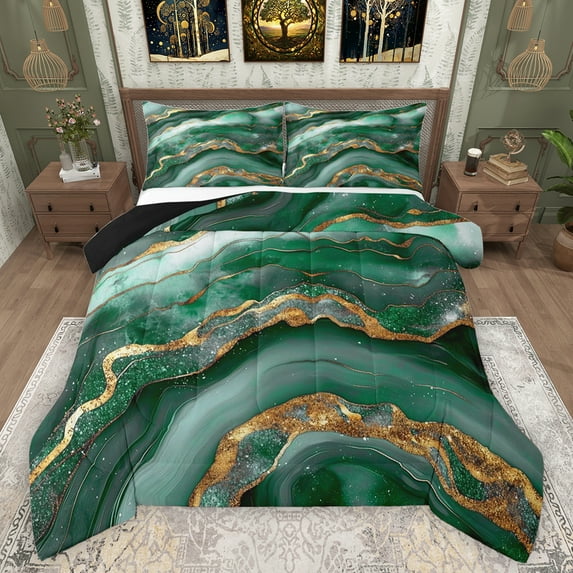 Feelyou Watercolor Marble Women Full Size Comforter Sets, Luxury Fashion Lime Green Bedding Comforter Set, Fashion Abstract Ombre Reversible Bedding Sets, Breathable Home Decor, 3 Pieces