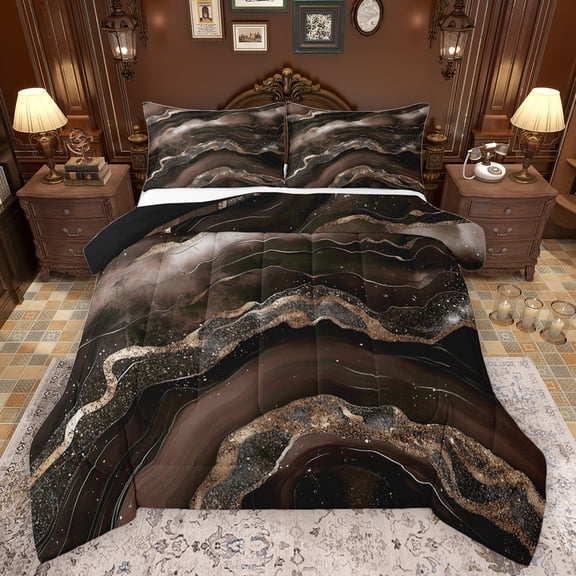 Feelyou Watercolor Marble Women Queen Comforter Set, Luxury Marbling Brown Bedding Sets, Old Fashion Abstract Reversible Bedding Comforter Set, Luxury Bedroom Decor, 3-Piece
