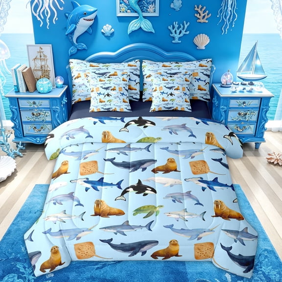 Feelyou Watercolor Marine Animal Bedding Comforter Set for Boys Girls, Dolphin Sea Turtle Shark Whale Ocean Queen Bedding Sets, Blue, Blue Reversible, 7-Piece