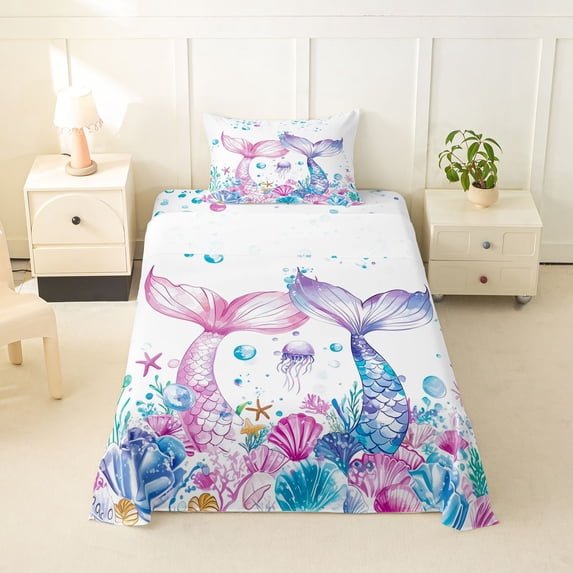 Feelyou Watercolor Mermaid Tails Twin Sheet Sets for Girls, Jellyfish Starfish Marine Wildlife Bedding, Pink White, 3-Piece