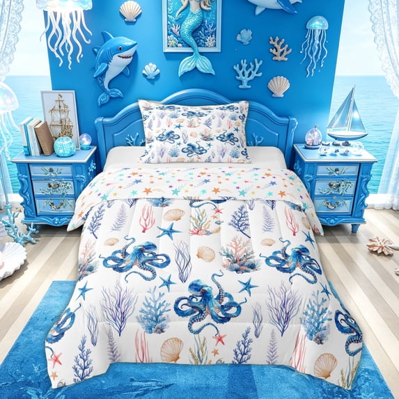 Feelyou Watercolor Octopus Twin Comforter Sets for Boys Girls, Starfish Seashell Wildlife Bedding Set, Blue White, Colorful Star Reversible, 2 Pieces