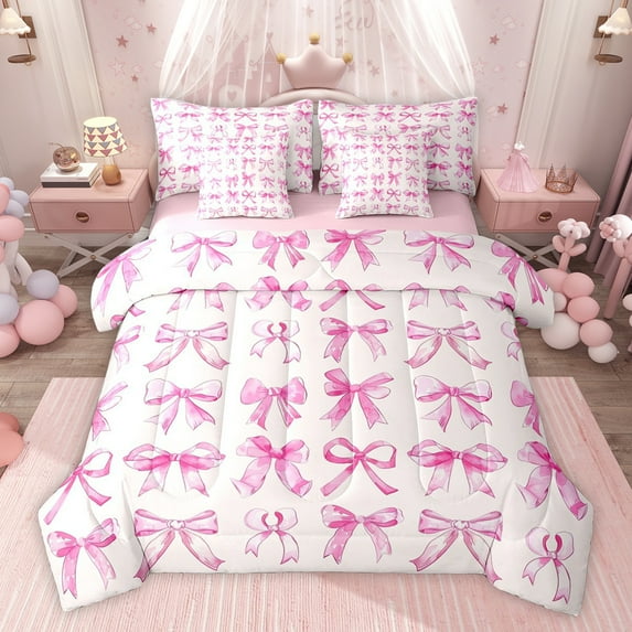 Feelyou Watercolor Pink Bow Bedding Comforter Set 7pcs, Kawaii Princess Bowknot Queen Bedding Sets, Teens Kids Boys Girls Reversible Queen Sheet Sets, Super Cozy Room Decor