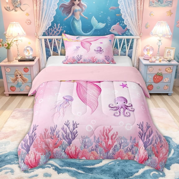 Feelyou Watercolor Pink Mermaid Tail Ocean Twin Comforter Sets for Girls, Jellyfish Coral Fairy Marine Bedding Set, Pink, Pink Reversible, 2 Pieces