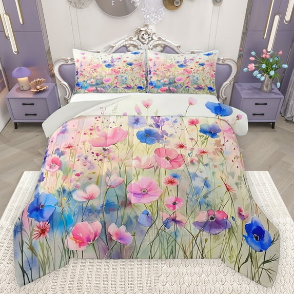 Feelyou Watercolor Plant Botanical Bedding Comforter Set, Pink Blue Flower Twin Comforter Sets, Teens Adult Girls Reversible Bedding Set, Luxury Bedroom Decor, 2-Piece