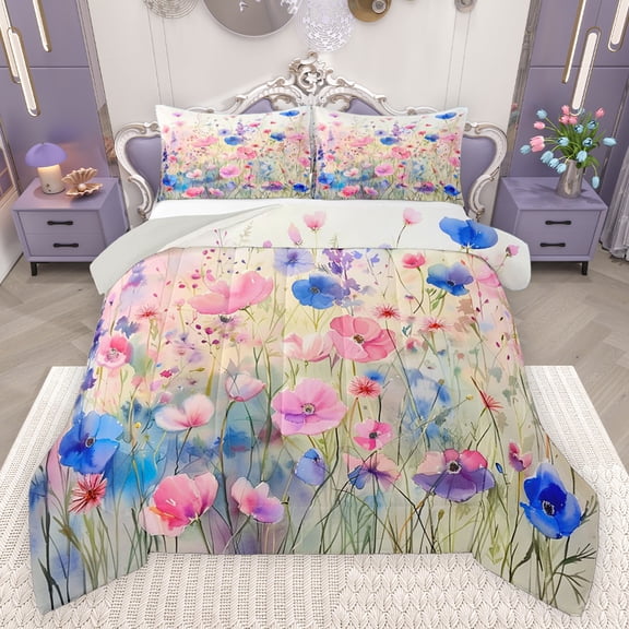 Feelyou Watercolor Plant Botanical Bedding Comforter Set, Pink Blue Flower Twin Comforter Sets, Teens Adult Girls Reversible Bedding Set, Luxury Bedroom Decor, 2-Piece