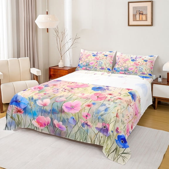 Feelyou Watercolor Plant Botanical Full Size Sheets, Pink Blue Flower Bed Sheets, Teens Adult Girls Sheet Sets, Luxury Bedroom Decor, 4-Piece