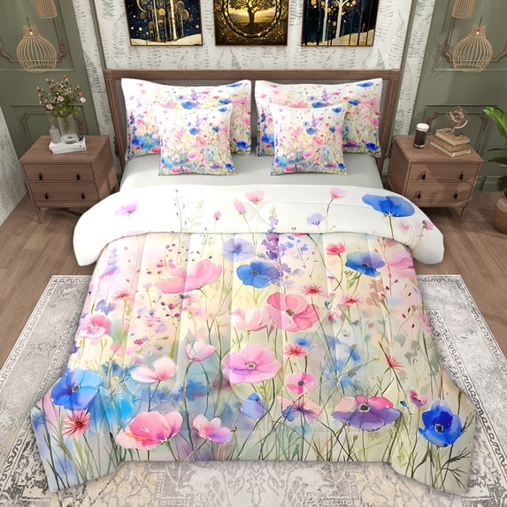 Feelyou Watercolor Plant Botanical Twin Bedding Sets 7-Piece, Pink Blue Flower Bedding Comforter Set, Teens Adult Girls Reversible Sheet Sets, Luxury Bedroom Decor