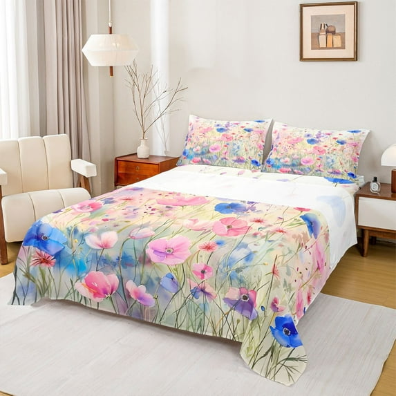 Feelyou Watercolor Plant Botanical Twin Sheet Sets, Pink Blue Flower Twin Fitted Sheet, Teens Adult Girls Flat Sheet, Luxury Bedroom Decor, 3-Piece