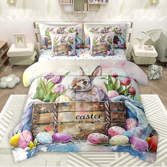 Feelyou Watercolor Rabbit Animal Bedding Comforter Set 7pcs, Cute Easter Eggs Queen Bedding Sets, Teens Kids Boys Girls Reversible Queen Sheet Sets, Ultra Soft Bedroom Decor