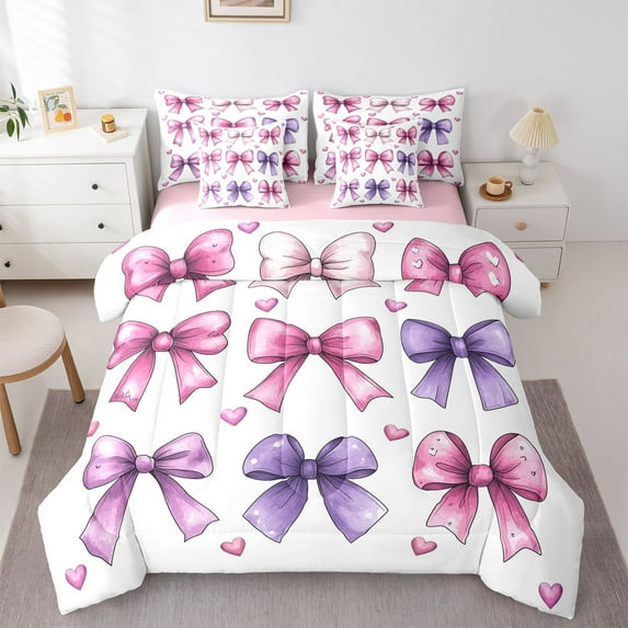Feelyou Watercolor Ribbon Bedding Comforter Set 7pcs, Love Heart Bowknot King Bedding Sets