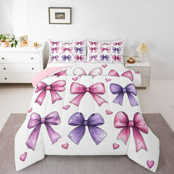 Feelyou Watercolor Ribbon Teen Twin Comforter Sets, Love Heart Bowknot Bedding Set, 2pcs