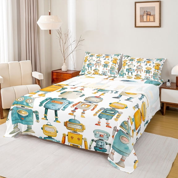 Feelyou Watercolor Robot Teens Twin Sheet Sets, Cartoon Theme Bedding, 3pcs
