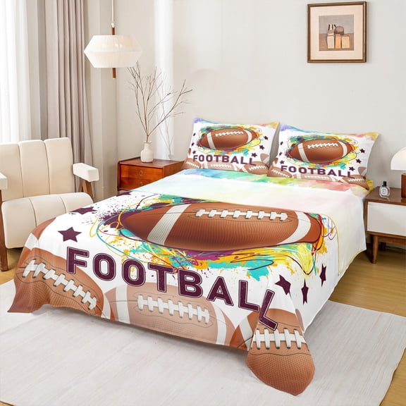 Feelyou Watercolor Rugby Child Full Size Sheets, Cartoon Stars Graffiti Bed Sheets, Est Sleep Sports Sheet Sets, Breathable Home Decor, 4-Piece