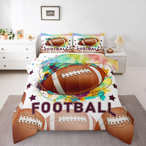 Feelyou Watercolor Rugby Child Queen Comforter Set, Cartoon Stars Graffiti Bedding Sets, Est Sleep Sports Reversible Bedding Comforter Set, Breathable Home Decor, 3-Piece