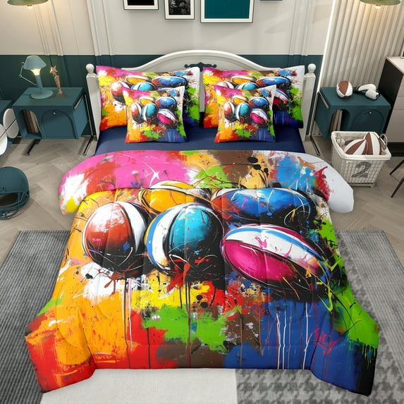 Feelyou Watercolor Rugby Kids Bedding Comforter Set 7 Pieces, Art Splatter Splash Full Bedding Set, Est Sleep Sports Reversible Fitted Sheet Flat Sheet, Super Cozy Room Decor