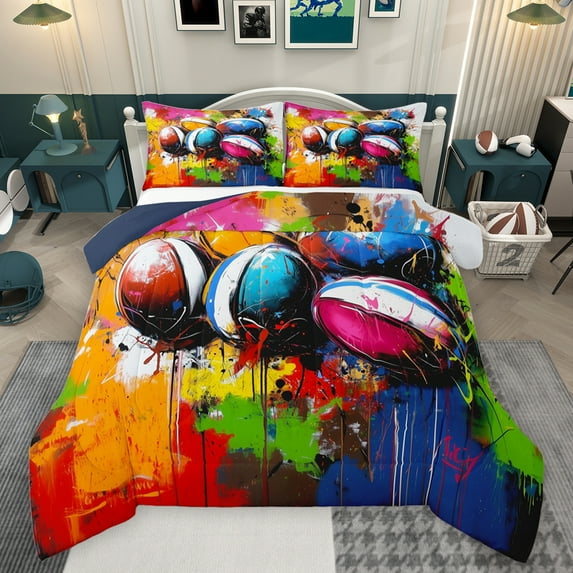 Feelyou Watercolor Rugby Kids Full Size Comforter Sets, Art Splatter Splash Bedding Comforter Set, Est Sleep Sports Reversible Bedding Sets, Super Cozy Room Decor, 3-Piece