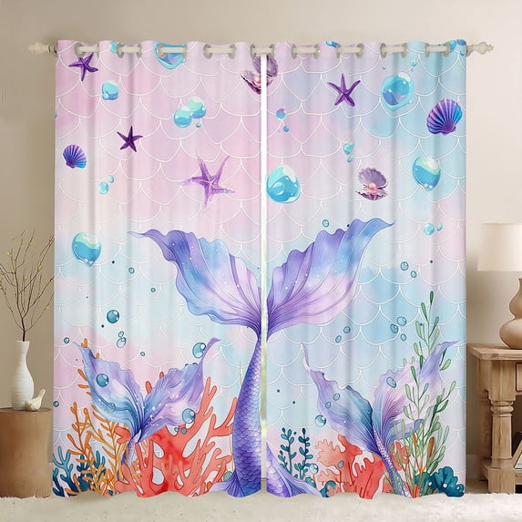 Feelyou Watercolor Sea Mermaid Tail Blackout Curtains Set of 2 (52x84 Each) for Kids Boys Girls, Ocean Shell Animal Window Curtains, Pink Purple