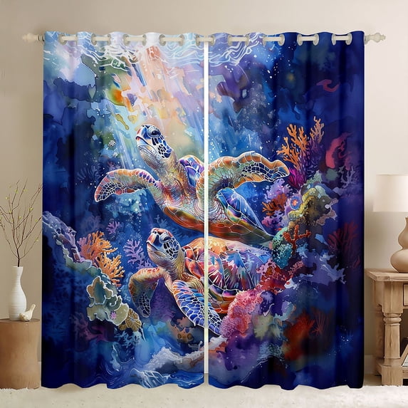 Feelyou Watercolor Sea Turtle Curtains Pack of 2 (42x84 Each), Sealife Curtains Blackout