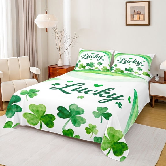 Feelyou Watercolor Shamrock Twin Sheet Sets, St. Patrick's Day Bedding, 3-Piece