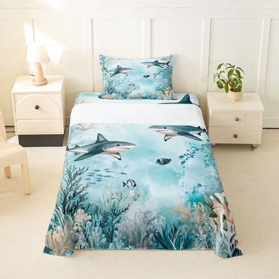 Feelyou Watercolor Shark Twin Sheet Sets for Men Kids Boys, Undersea Coral Animal Bedding, Teal, 3pcs