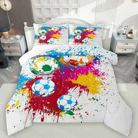 Feelyou Watercolor Soccer Print Full Size Comforter Sets, Cartoon Football Bedding Comforter Set, Teens Kids Girls Boys Bedding Sets, Luxury Bedroom Decor, 3 Pieces