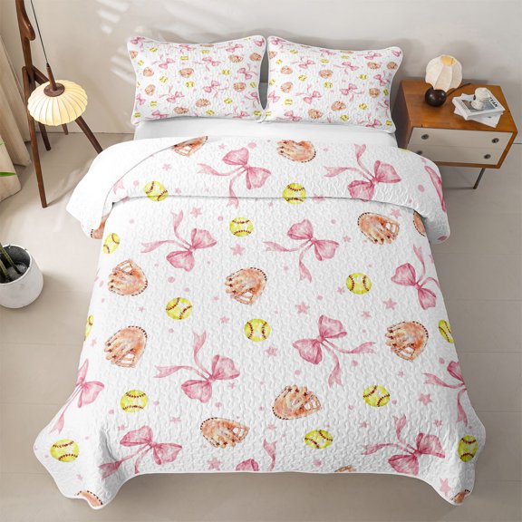 Feelyou Watercolor Softball Bed Spread Queen for Girls, Pink Bow Glove Stars Print Queen Coverlet Set, 3pcs