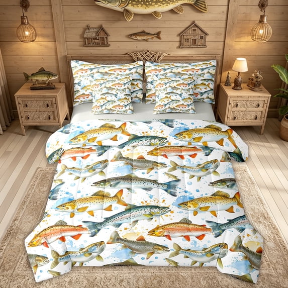 Feelyou Watercolor Spotted Fish Splash Bedding Comforter Set for Boys Girls, Lake Ocean Wildlife King Bedding Sets, Orange White, Grey Reversible, 7 Pieces