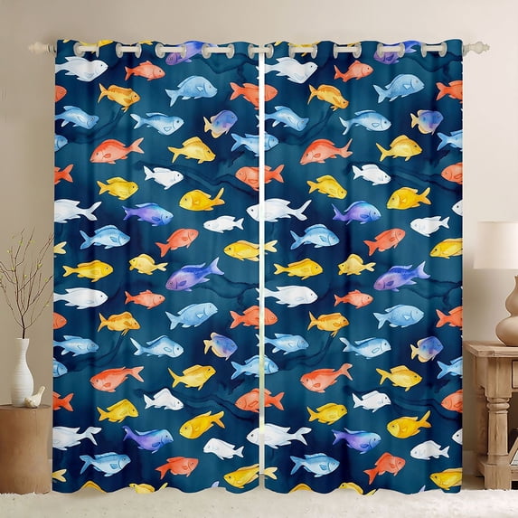 Feelyou Watercolor Tropical Fish Blackout Curtains Set of 2 (52x84 Each) for Boys Girls, Kawaii Ocean Wildlife Window Curtains, Blue Orange