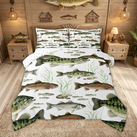 Feelyou Watercolor Trout Bass Fish Queen Comforter Set for Men Kids, Rustic Wildlife Bedding Comforter Set, Green Brown, Reversible, 3pcs