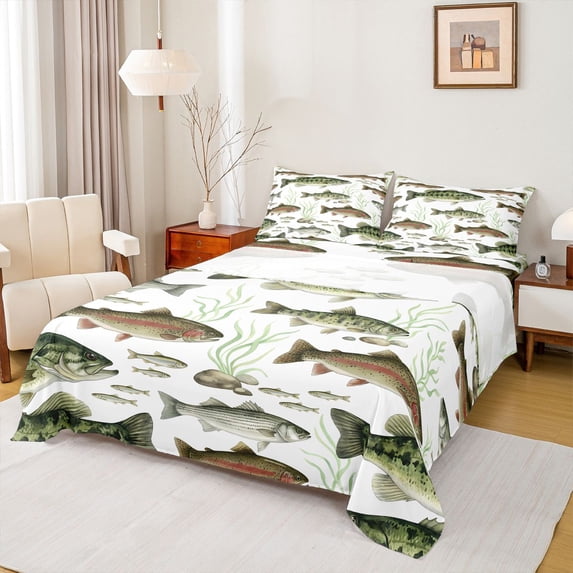 Feelyou Watercolor Trout Bass Fish Queen Sheet Sets for Men Kids, Rustic Wildlife Bed Set, Green Brown, 4pcs